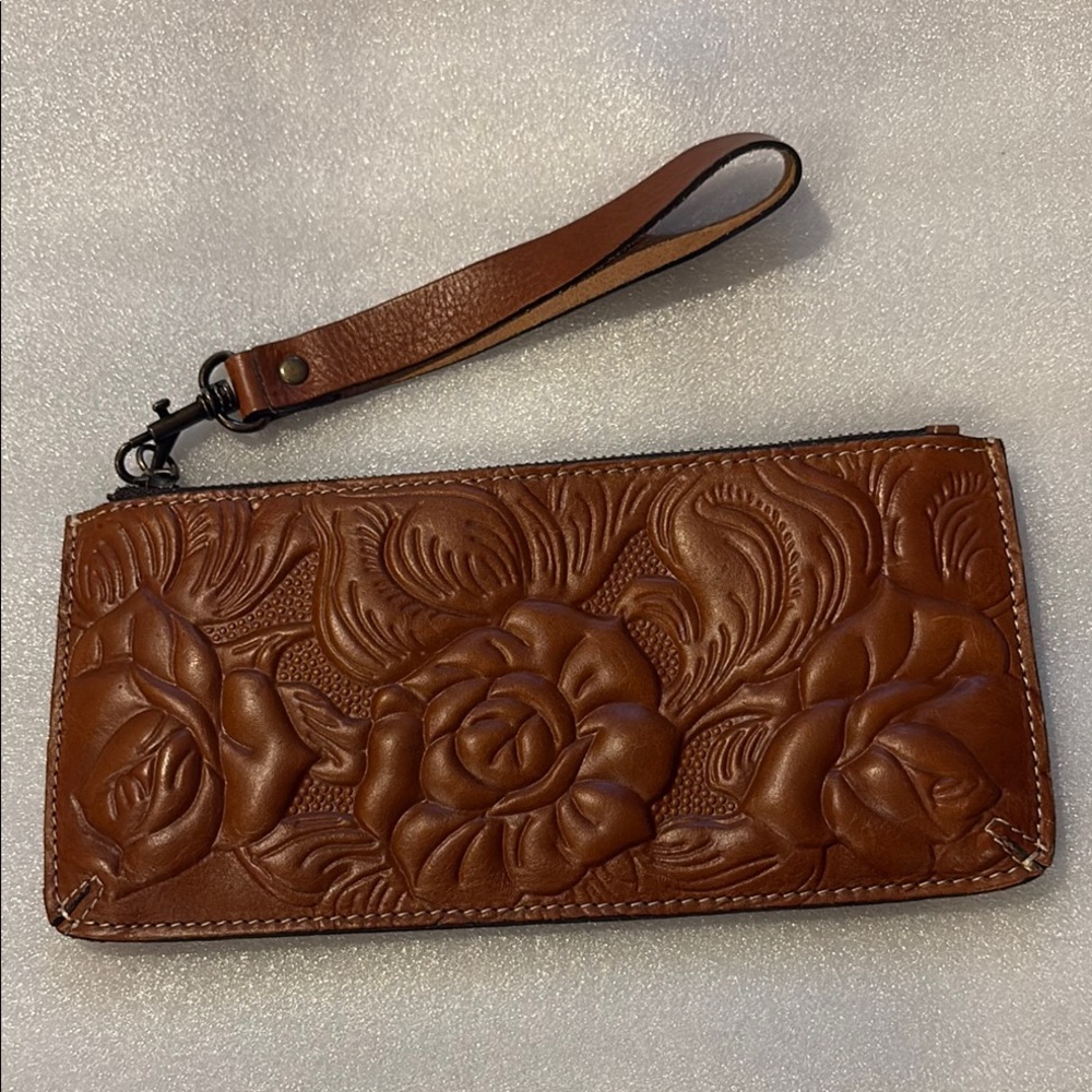 Patricia Nash Brown Hand Tooled Embossed Leather Wristlet With Detachable Strap